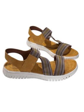 Sofft Yellow Vegan Leather Striped Strappy Sandals with Brown Insole Women’s 9M